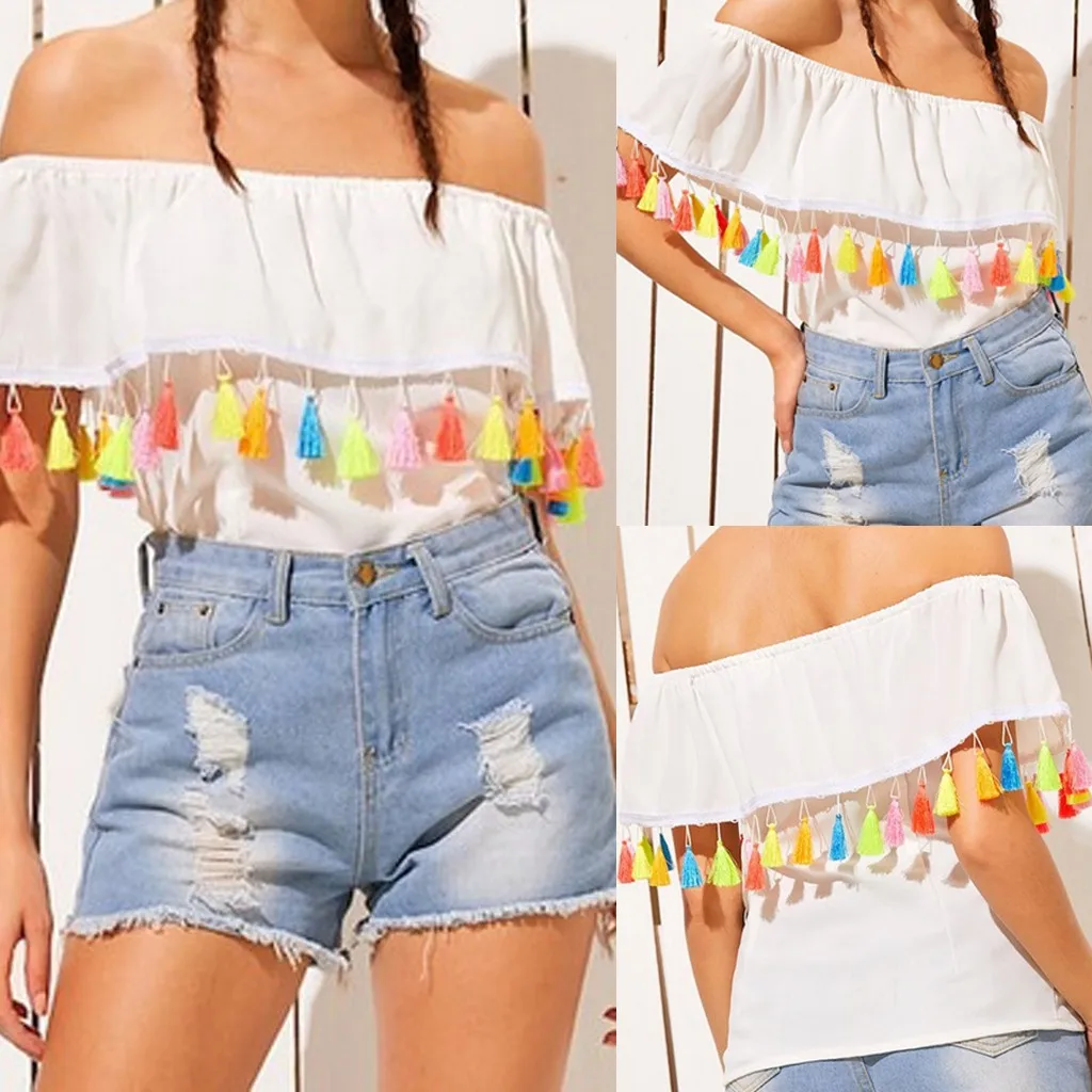 

Women's T-shirts Fashion Off Shoulder Short Sleeve Tops Tassels colour Leisure t shirt women camisas mujer Z7f