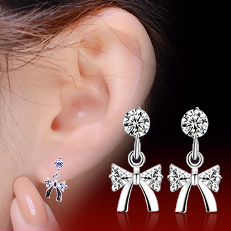Silver Plated natural crystal bowknot earrings upscale jewelry rhodium