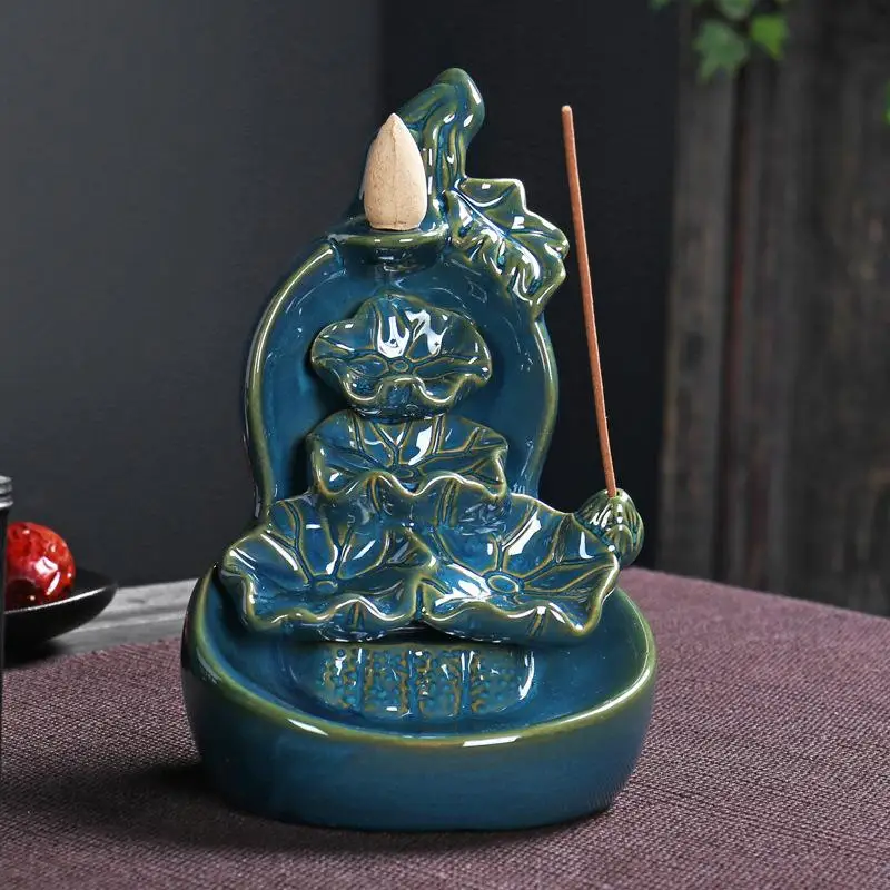 

Blue Ceramic Gourd Backflow Incense Burner Handmade Crafts Floral Smoke Waterfall Incense Holder Office Home Decor Chinese Gift