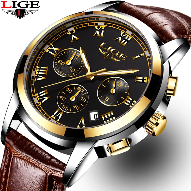 LIGE Casual Leather Watchband Mens Watches Top Brand Luxury Men's Fashion Waterproof Quartz Gold Watch For Men Relogio Masculino