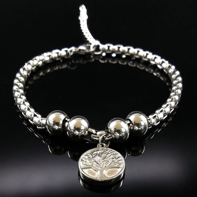 

2019 Stainless Steel Tree of Life Bracelet for Women New Round Silver Color Bohemian Bracelet Jewelry pulseiras femininas B61351