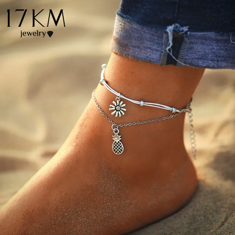 17KM 6 Style Bohemian Sunflower Pineapple Anklets For Women Vintage Pendent Double Layer Anklet Foot Jewelry Gifts Drop Shipping 17KM 6 Style Bohemian Sunflower Pineapple Anklets For Women Vintage Pendent Double Layer Anklet Foot Jewelry Gifts Drop Shipping
