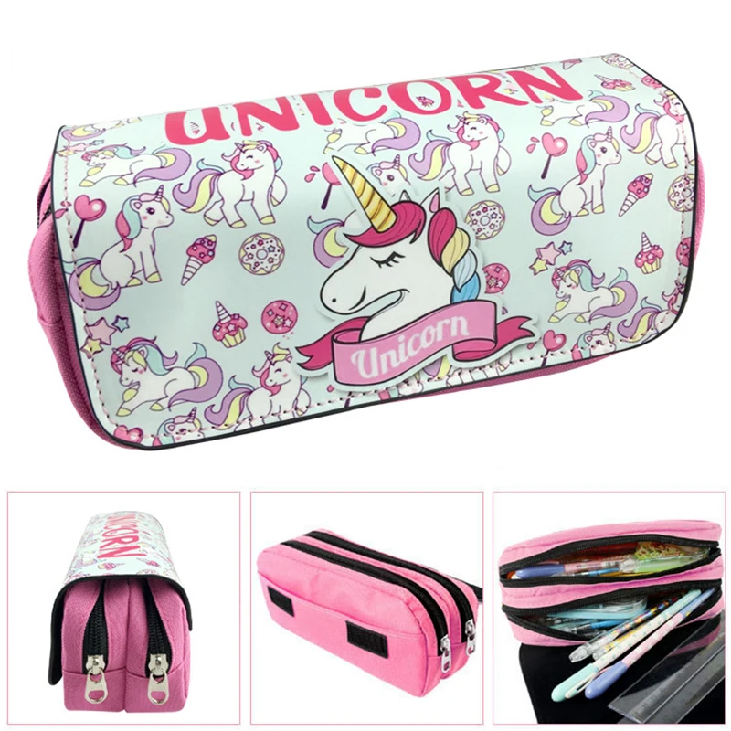 Unicorn Double zipper school pencil case for girls Cute PU leather big capacity pen bag Stationery Pouch School Supplies Zakka Unicorn Double zipper school pencil case for girls Cute PU leather big capacity pen bag Stationery Pouch School Supplies Zakka