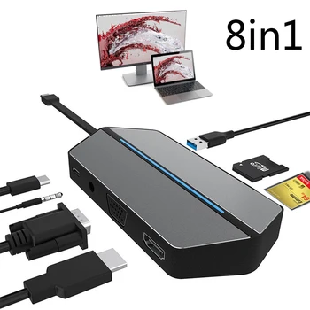 

8 in 1 Type C to HDMI TV HDTV VGA Video Adapter Converter USB-C USB 3.0 HUB CF SD TF Card Reader 3.5MM Audio for MacBook etc.