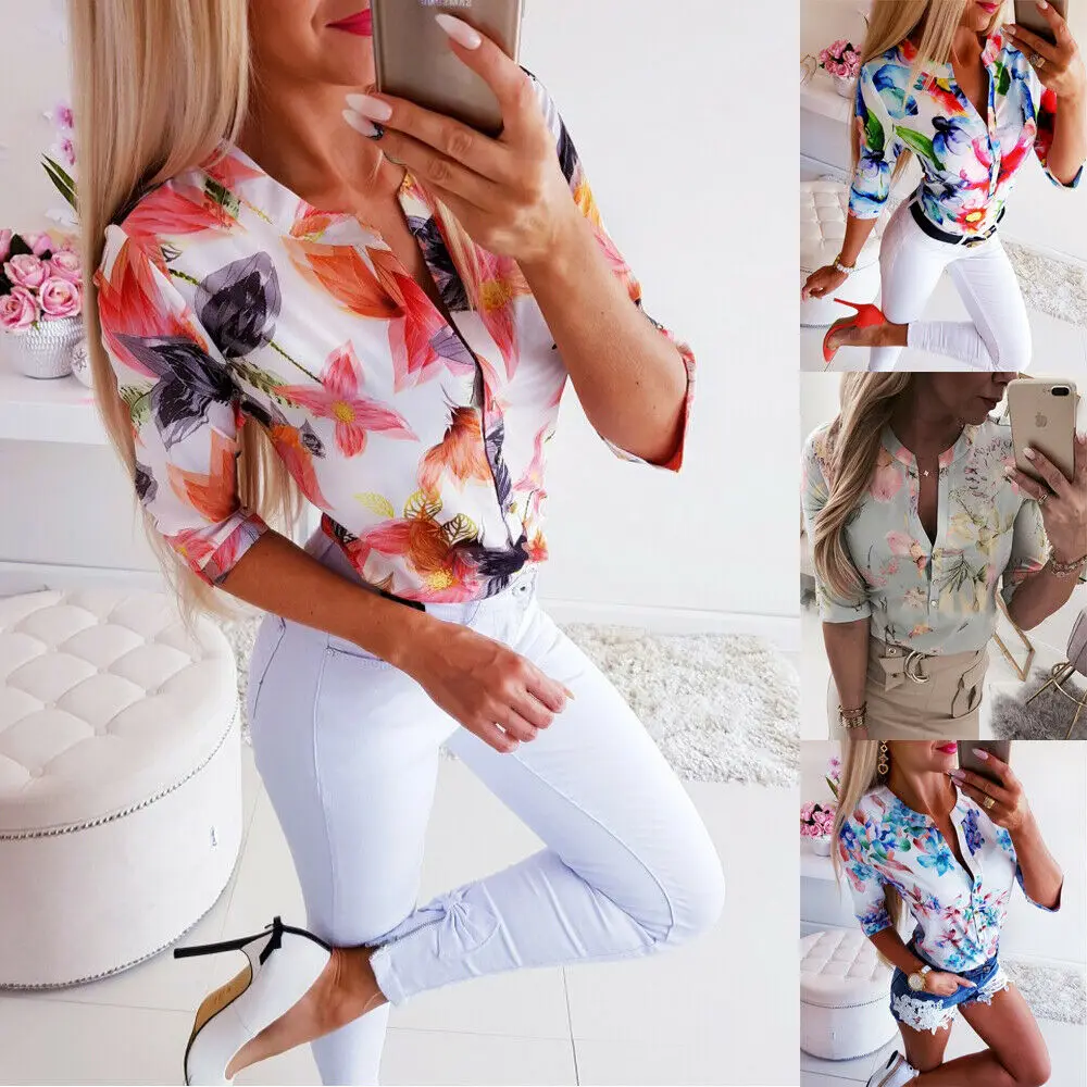 

Hot Sale Women Summer Long 3/4 Sleeve Loose Tops T Shirt OL Ladies Plain Casual Button Fashion Floral T-Shirts Top Plus Size