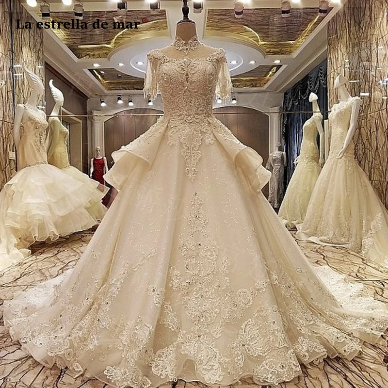 New High Neck Crystal Tel Retro Ivory Princess Wedding Dress Retro Ivory Princess Wedding Dress