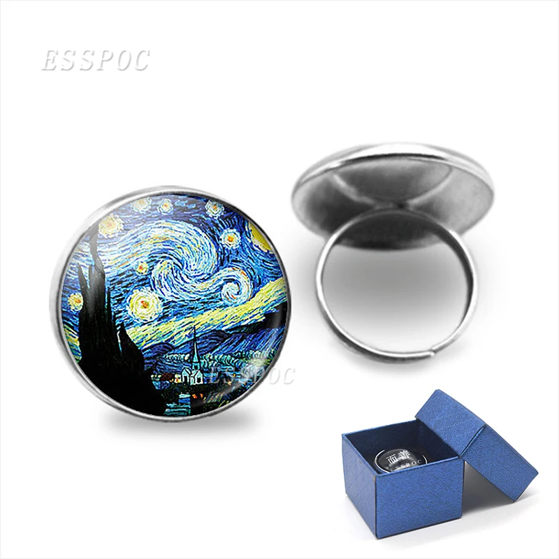 

Van Gogh Starry Night Glass Cabochon Ring Resizable Men Women Vintage Alloy Rings Sunflower Painting Charm Jewelry