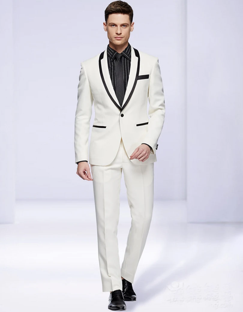 2018 Men Suits Slim Fit Peaked Lapel Tuxedos Ivory Wedding