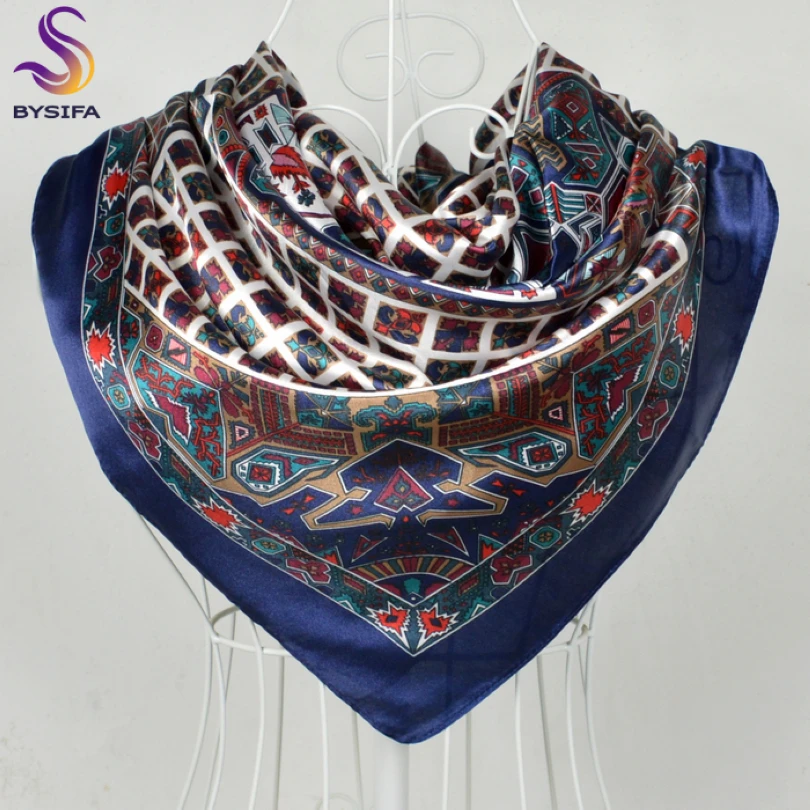 

[BYSIFA] Navy Blue Plaid Silk Scarf Head Scarf Brand Large Square Silk Shawl Women 90*90cm Fashion Accessories Ladies Scarves