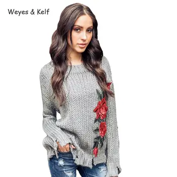 

Weyes & Kelf Winter Long Sleeve Flower Knitted Sweater Women 2018 Pulover Women Embroidery O-neck Sweater Mujer