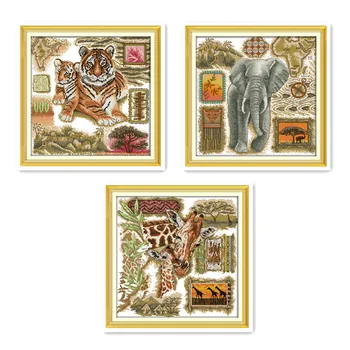 

Animal Pattern Cross Stitch Kit African Tiger Elephant Giraffe Handmade DIY Calico Sewing Wall Decoration Embroidery
