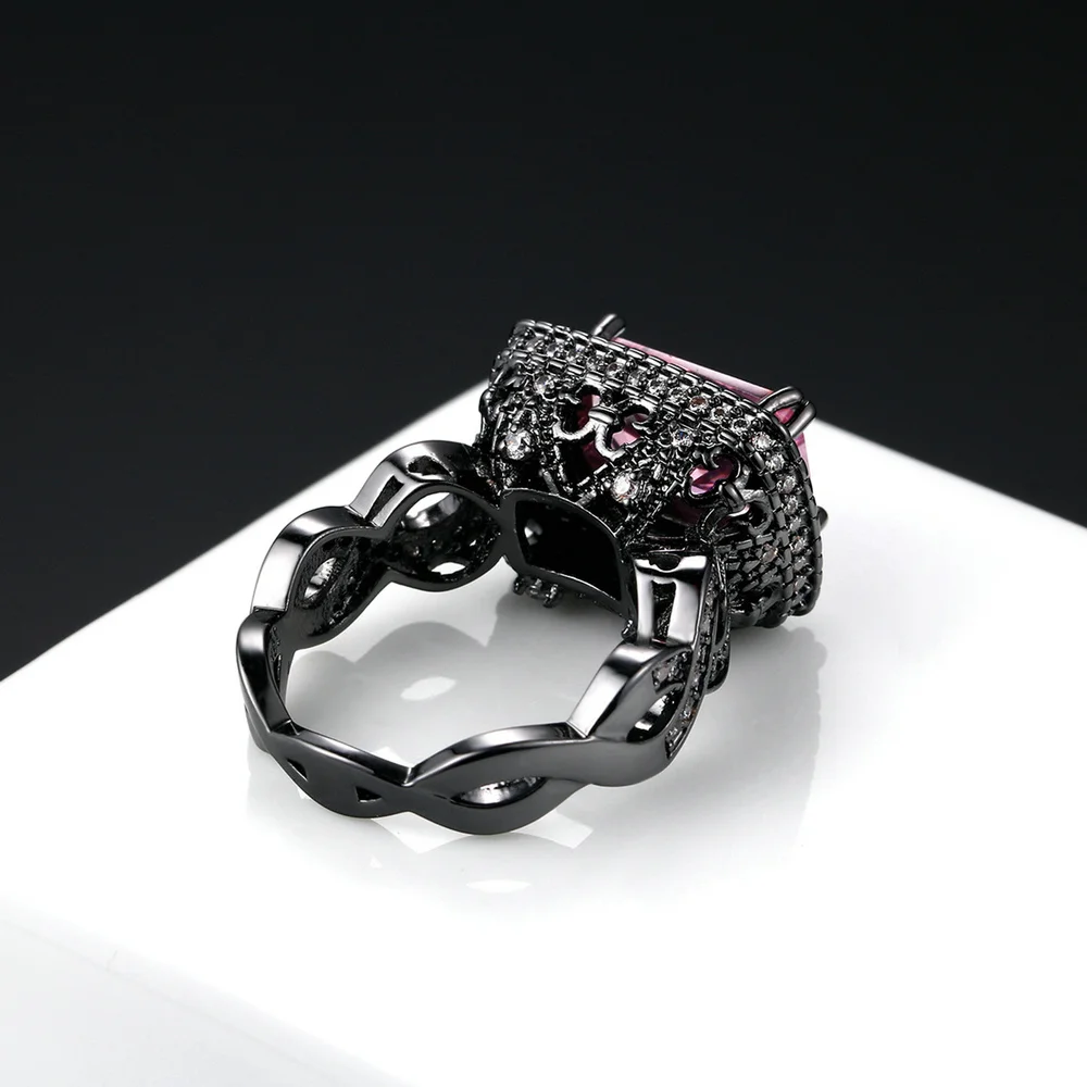 Double Fair Square Cut Black Gold Color Punk Ring Pink Cubic Zirconia Fashion Brand Cocktail Party Jewelry For Women GiftRX041DD
