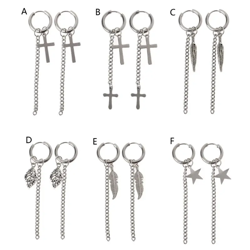 

Gothic Stainless Steel Cross Feather Star Leaf Chain Dangle Drop Earrings Tassel Earrings Korean Jewelry For Men and Women