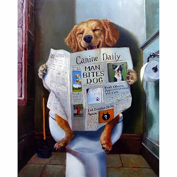 

Diamond Embroidered Toilet Dogs Read Newsp DIY Diamond Painting Cross Stitch Picture Full Round Diamond Rhinestone Home Decor