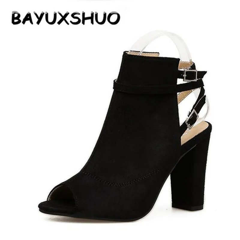 

BAYUXSHUO Spring Summer Women Sandals Chunky Heel High Heels Open Toe Flock Ankle Boots Solid Color Fashion Party Roman Shoes