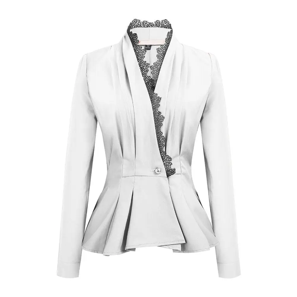 

Business Women's Lace Trim One Button Long Sleeve Slim Peplum Blazer Jacket Coat