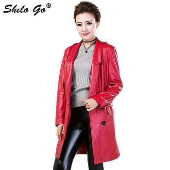 

Plus size new spring autumn fashion women high quality sheepskin Lapel Double breasted office Genuine leather long coat 3XL