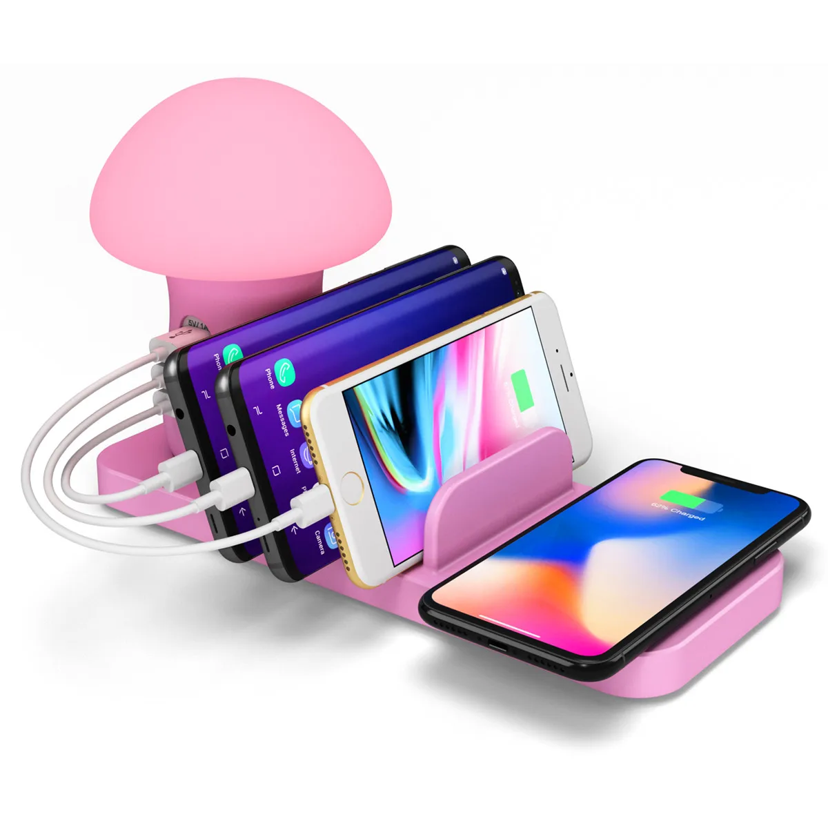

Bedside Mushroom Lamp Charging Dock Wireless Charging Station Quick Charger with 3 USB Charging Ports Phone Side Standing Shelf