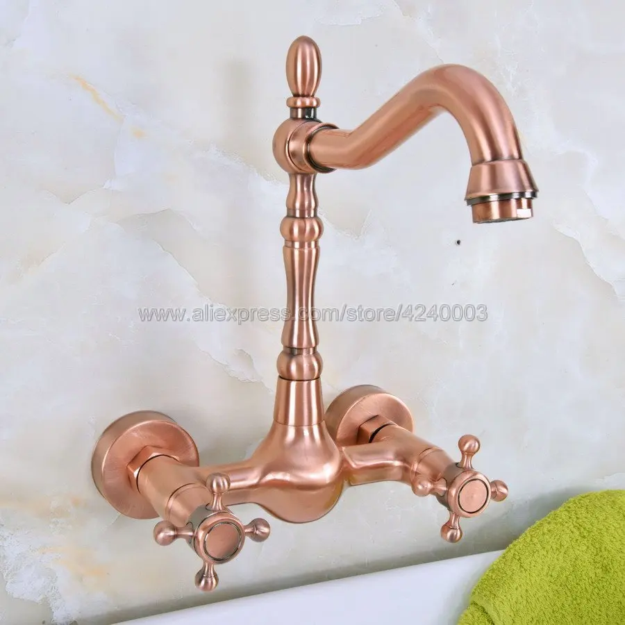 

Dual Cross Handles Wall Antique Red Copper Hot&Cold Bathroom Kitchen Basin Sink swivel Faucet Mixer Tap Kna944