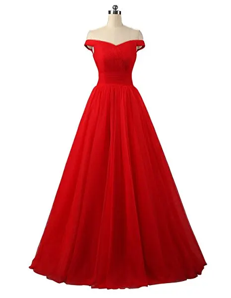 ANGELSBRIDEP длинное вечернее платье из тюля с открытыми плечами Сексуальное Милое Женское Платье Vestidos De Festa официальное вечернее платье - Цвет: Красный