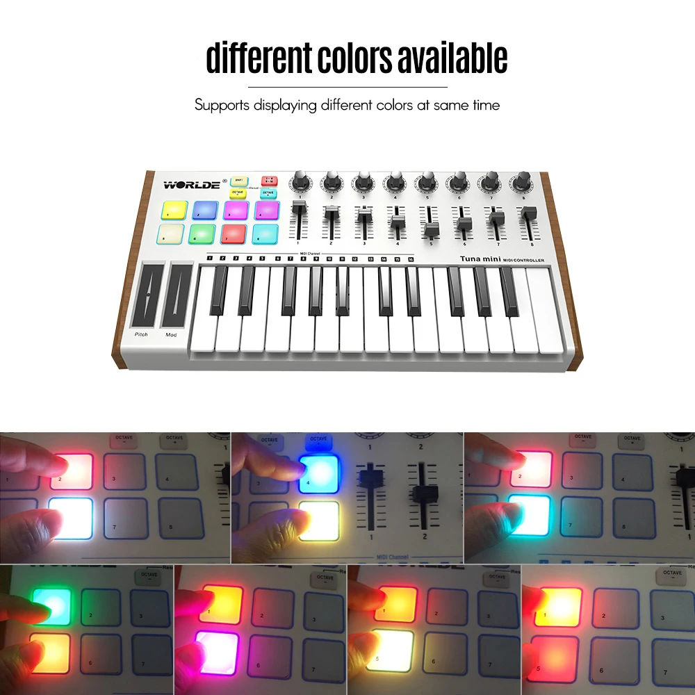 Высокое качество, мини ультра-портативный 25Key USB MIDI контроллер клавиатуры 8 RGB с подсветкой ТРИГГЕРНАЯ площадка с 6,35 мм педальным разъемом