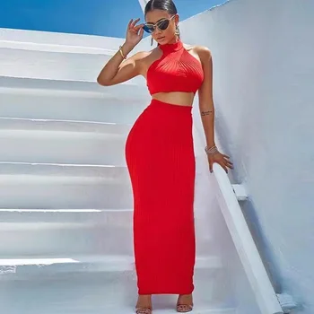 

Vestido Summer Dress Women Sexy 2 Pieces Red Bandage Dress Women Designer Ankle Length Party Dress