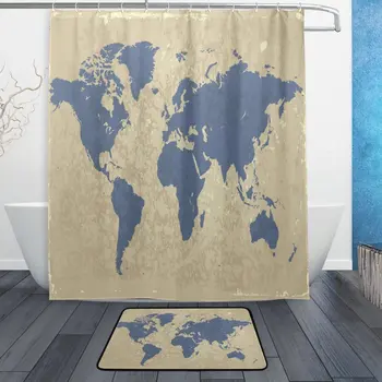 

Retro World Map Waterproof Polyester Fabric Shower Curtain with Hooks Doormat Bath Bathroom Home Decor