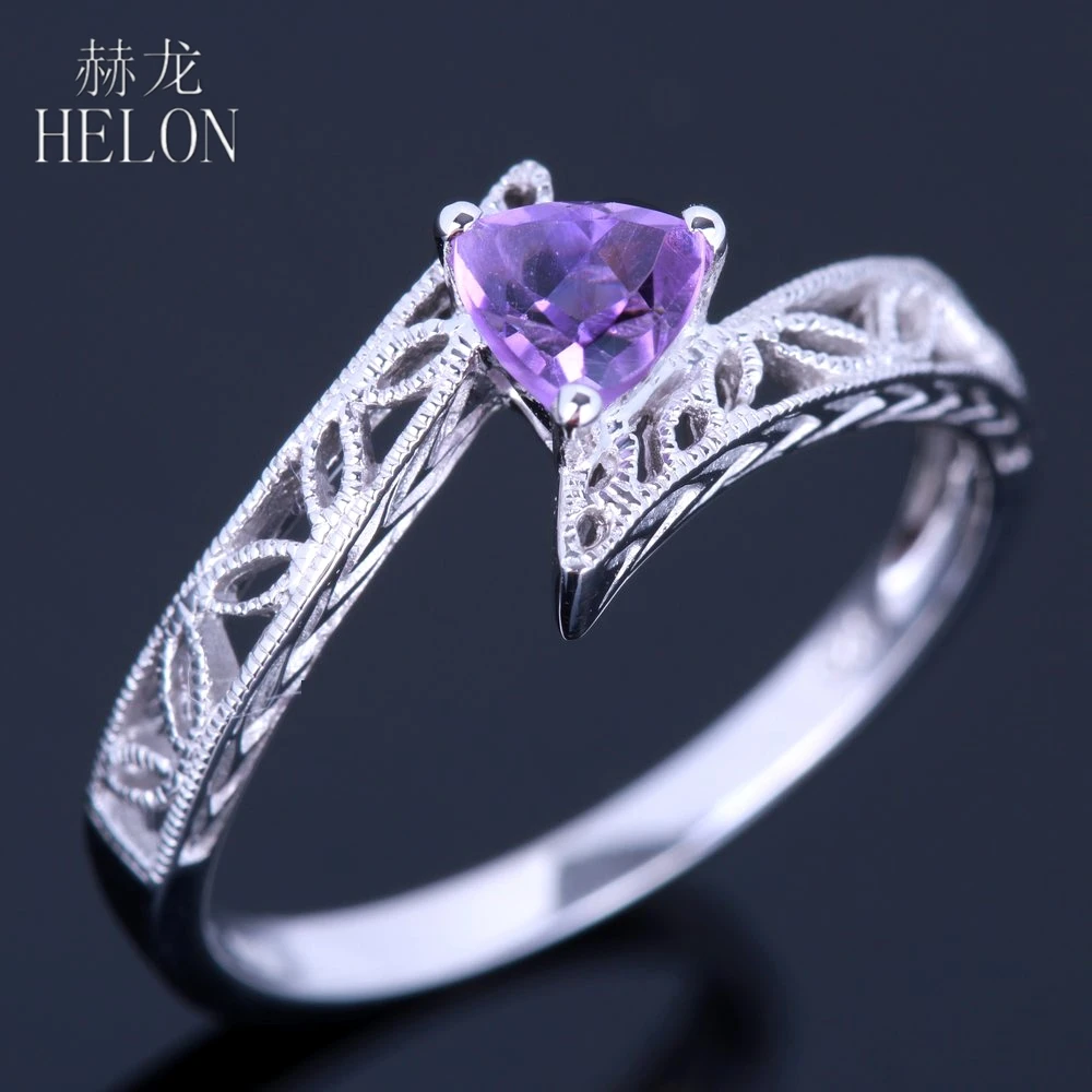 

HELON Trillion Cut 4.5mm 100% Genuine Amethyst Ring Sterling Silver 925 Vintage Art Deco Engagement Wedding Elegant Fine Ring