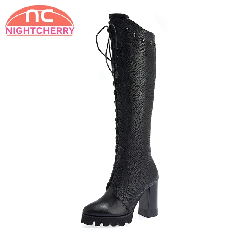 

NIGHTCHERRY New High Heels Women Boots Real Leather Shoes Woman Rivets Knee High Boots Cross Strap Warm Winter Shoes Size 34-40