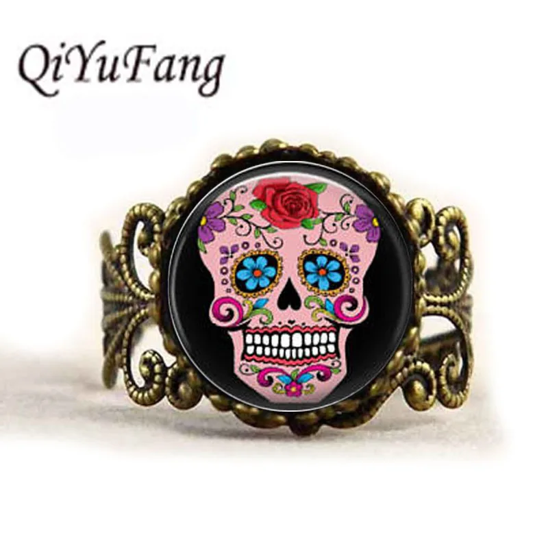 

QiYuFang Sugar Skull Glass Cabochon Men Choker ring Women Jewelry Vintage Bronze Chain Day of the Dead Rings Antique Women