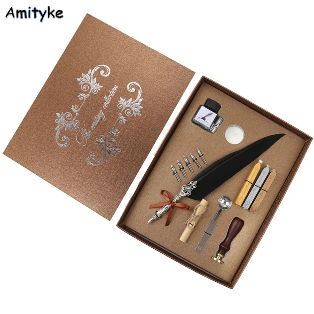 

1Set English Calligraphy Feather Dip Pen Writing Ink Set Stationery Gift Box with 5 Nib Creative Gift Quill Pen Fountain Pen