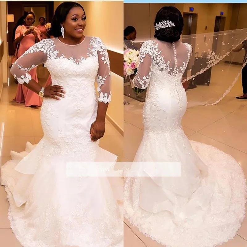 

Plus Size Vestido De Noiva Muslim Wedding Dresses Mermaid 3/4 Sleeves Lace Dubai Arabic Wedding Gown Bridal Dresses