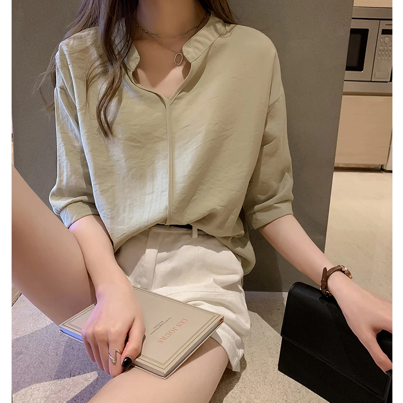 

New Summer Fashion Chiffon Blouse Shirts Women Solid Color Stand Collar Half Sleeve Thin Shirt Female Elegant Loose Chic Blusas