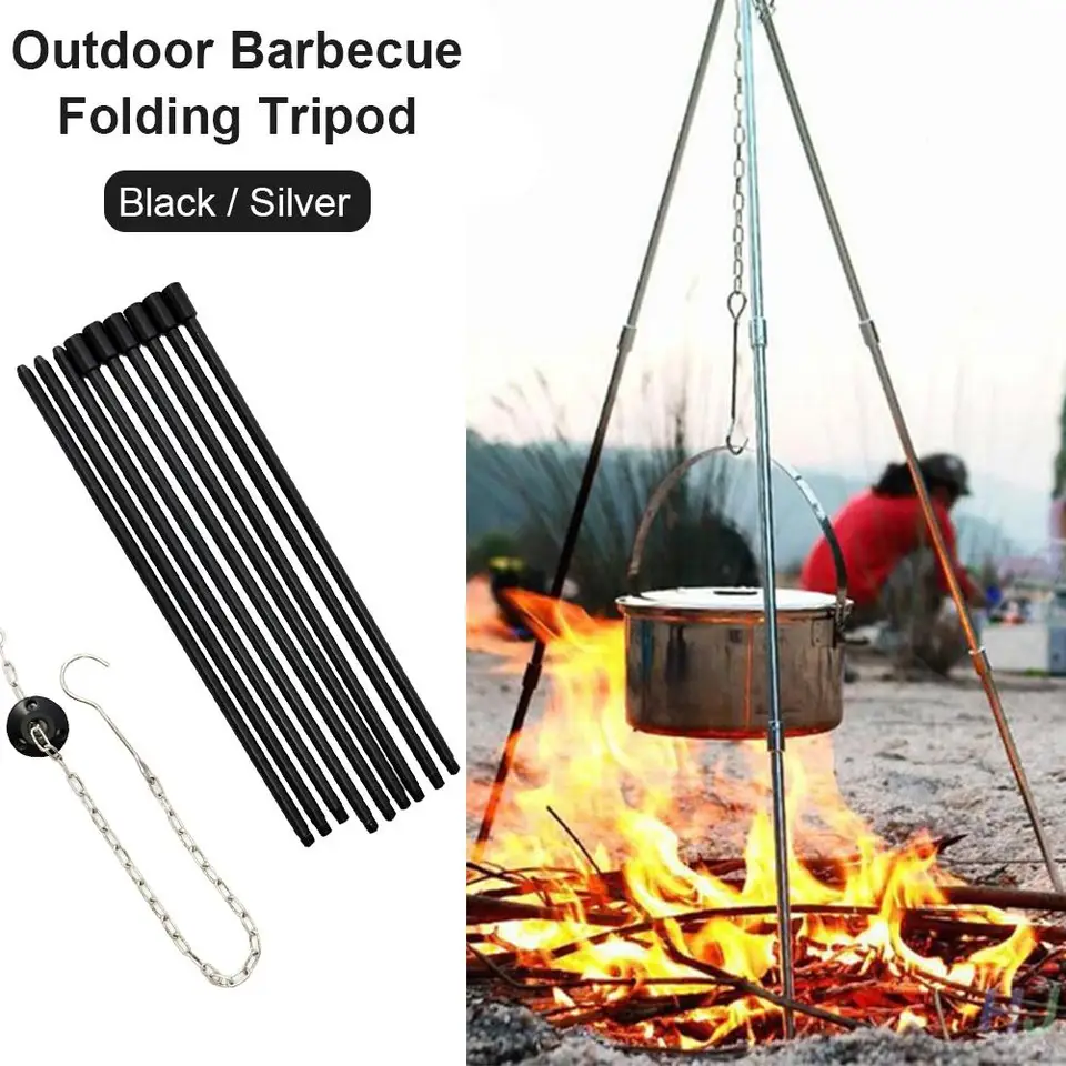 Campfire Cooking Tripod with Storage Bag Sliver Campfire Grill Stand Portable Foldable for Outdoor BBQ Barbecue Campfire Cooking Hanging Pot Campfire Tripod Camping Tripod with Adjustable Chain