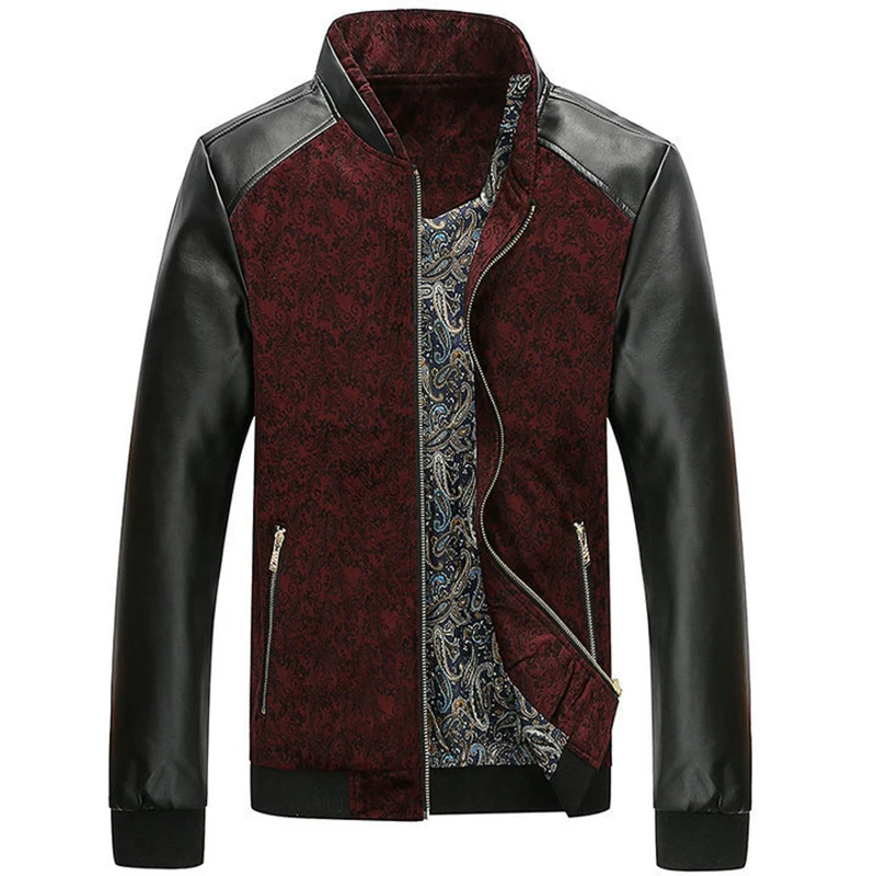 

2019 New PU Leather Patchwork Men's Jackets Autumn Winter Fashion Jacket Coats Men Outerwear Stand Collar Slim Fit Clothing Male