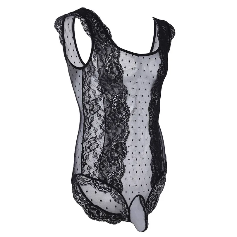 iEFiEL Mens Crossdress Lingerie Sissy Floral Lace Polka Dots Bodysuit Jumpsuit Nightwear Sleepwear See Through Mesh Underwear -