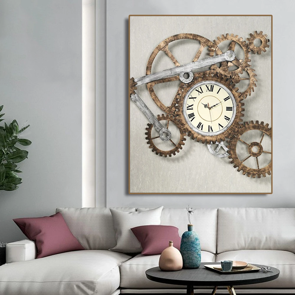 

Laeacco British Timepieces Industrial Retro-Style Canvas Oil Painting For Living Room Coffee House Vintage Home Decor No Frame