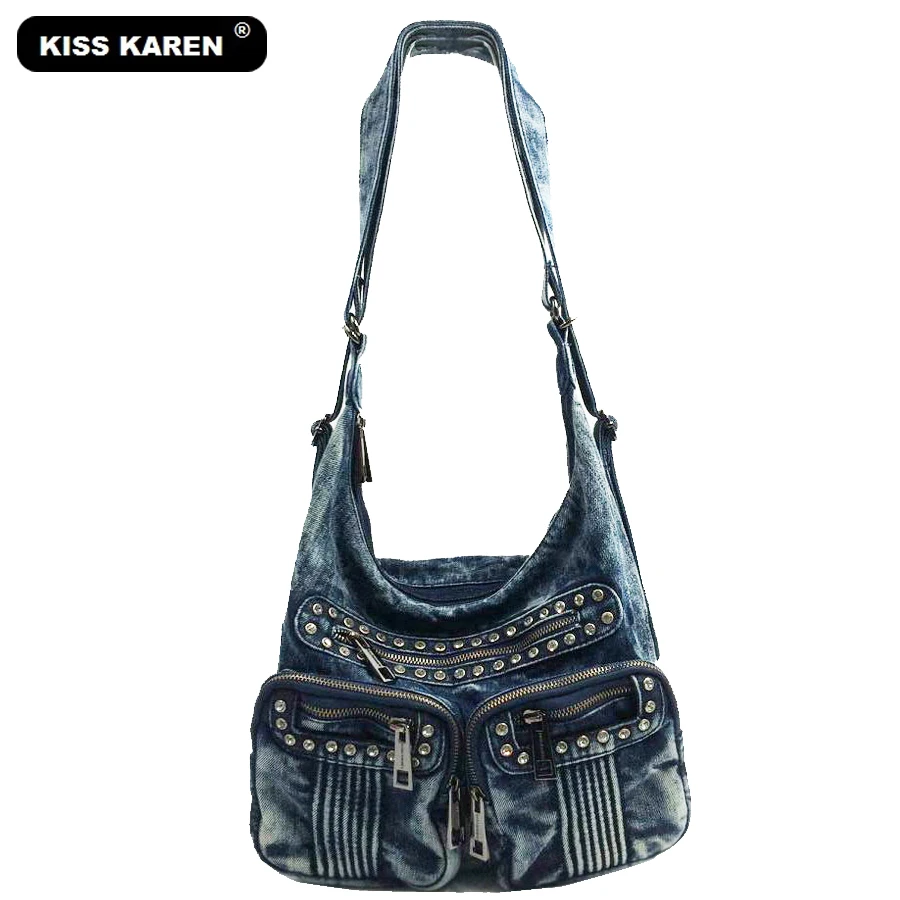 

KISS KAREN Fashion Studded Totes Casual Denim Women Tote Bag Designer Women's Shoulder Bags Jeans Women's Crossbody Bags