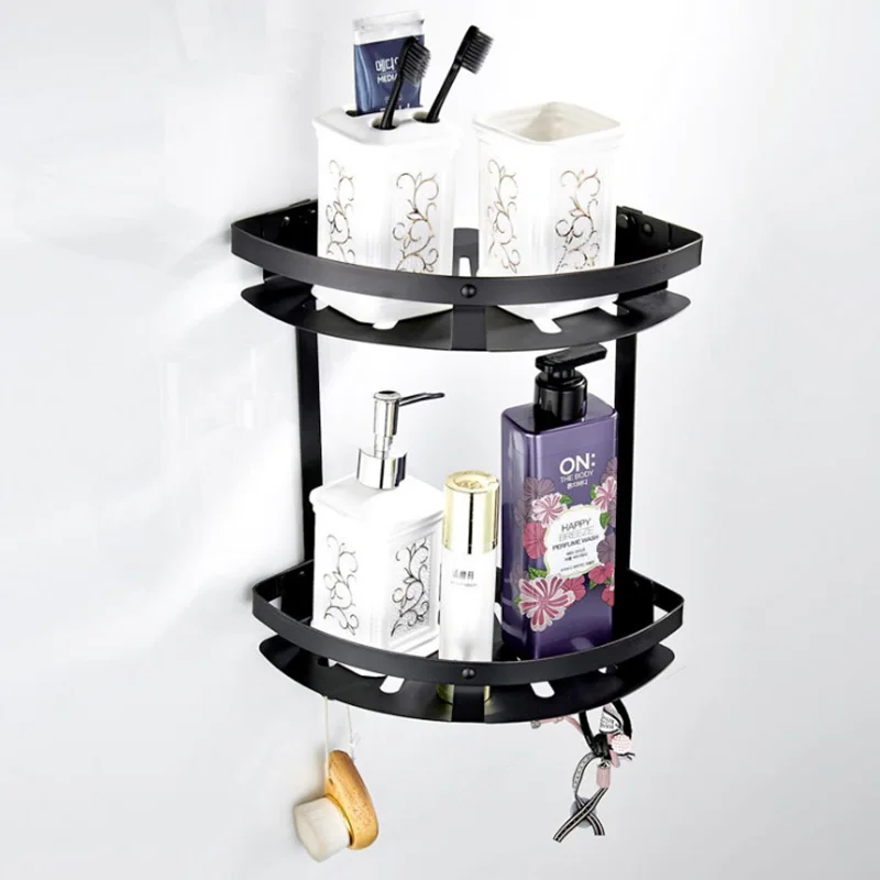 

304 Stainless Steel Bathroom Shelf Black Triangle Dual Tier Bathroom Rack Shower Shampoo Storage Corner Bathroom Sheves Vintage