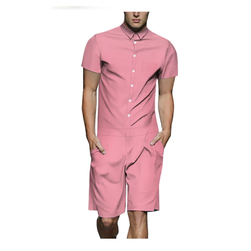 Летние Для Мужчин's комплект однотонной одежды футболка с короткими рукавами и шорты комбинезон Одна деталь Для мужчин рубашка Штаны Комбинезоны с двумя комбинезоны с карманами топ+ комплект с шортами - Цвет: Розовый