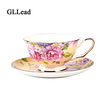 

GLLead Rose Flower Bone China Teacup Saucer Elegant Gold-Rimmed Floral Ceramic Coffee Cup Afternoon Tea Cups Porcelain Drinkware