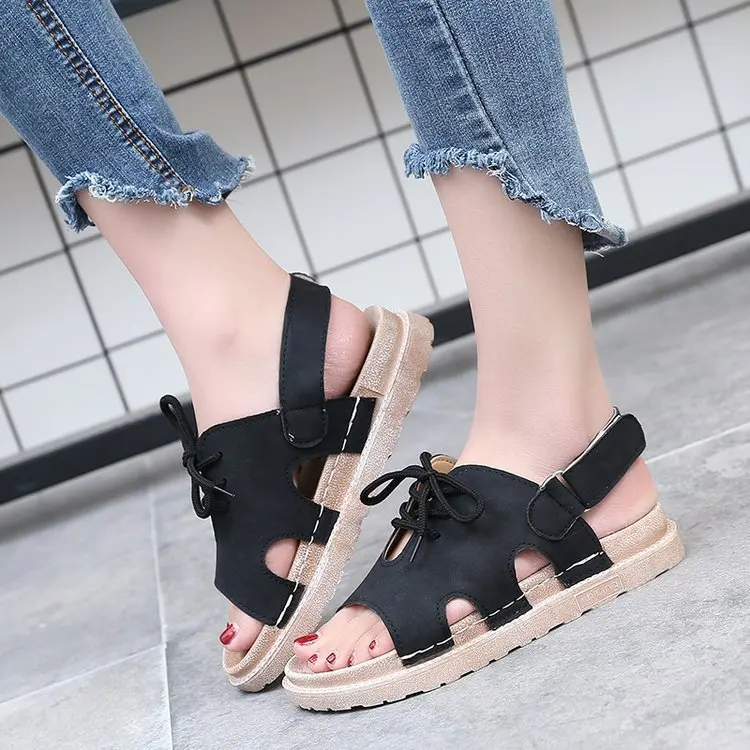 

Peep Toe Flat Summer Platform Flat with Women Sandals Platform Solid Lace-Up Basic Women Shoes Casual Fashion Sandals