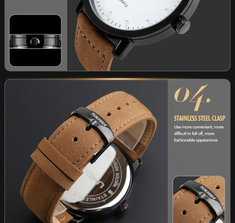 SKMEI Men Fashion Watches Casual Genuine Leather Strap Quartz Wristwatches 30M Waterproof Luxury Watch Relogio Masculino 1196