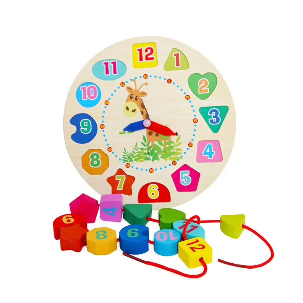 

Wooden Figure Alarm Clock Cognitive Digital Shape Toy Lanyard Threading Building Blocks Multi-function Assembly Toy For Children