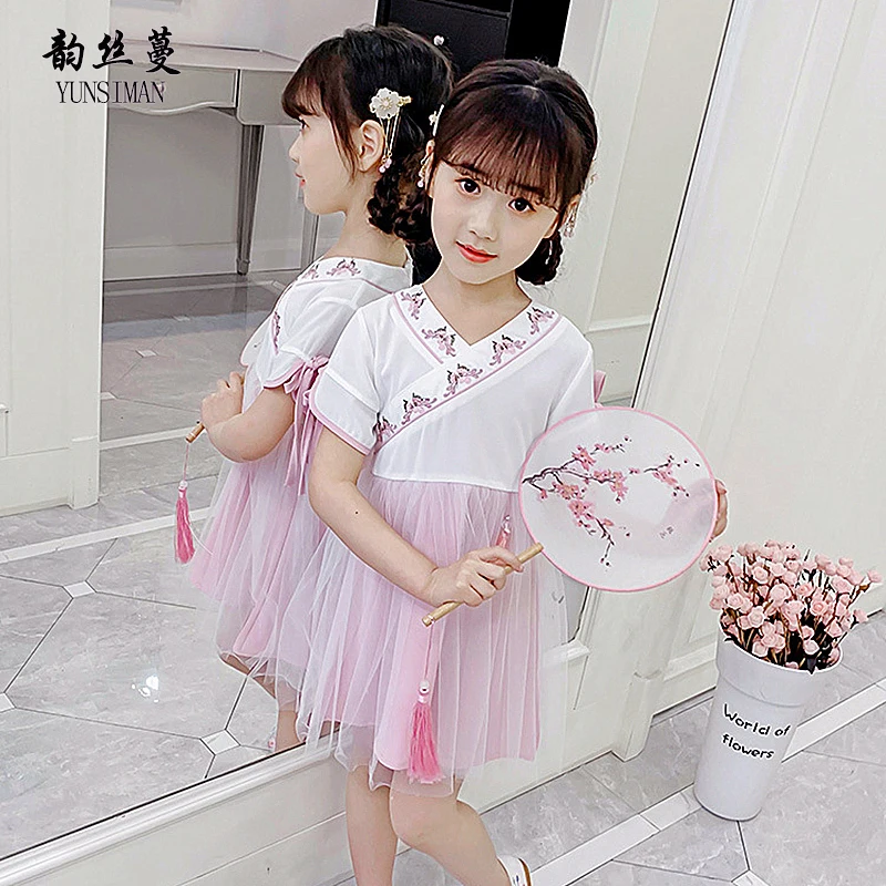 

Girls Vintage Dress Summer 2019 Chinese Style Flower Embroidery Green Mesh Party Dress for Girls 3 to 12 Year Kids Clothes 5AD1J