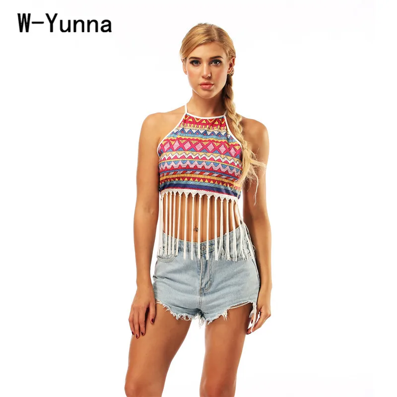 

W-Yunna Tassels Design Sexy Crop Top Tees Short Bustier Halter Tank Top Backless 3d Print Women Tops Female Camisole Velvet 2019