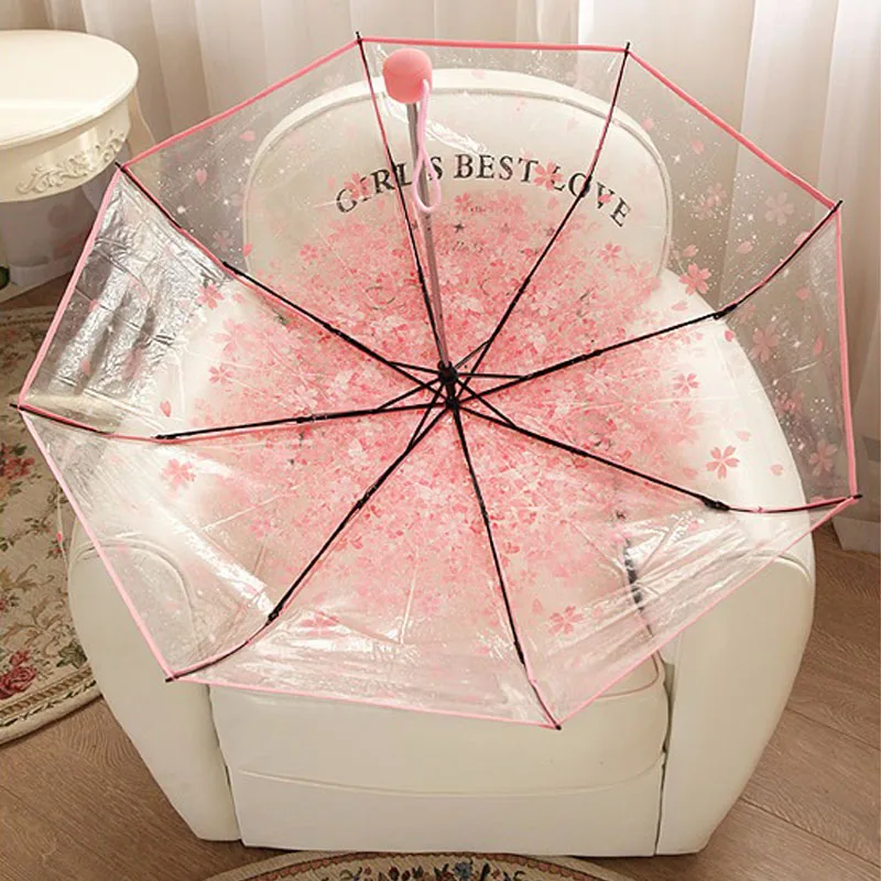 Прозрачный зонтик с цветком вишни для креативных милых розовых лепестков, трехслойный Прозрачный женский ветрозащитный непромокаемый зонтик от дождя