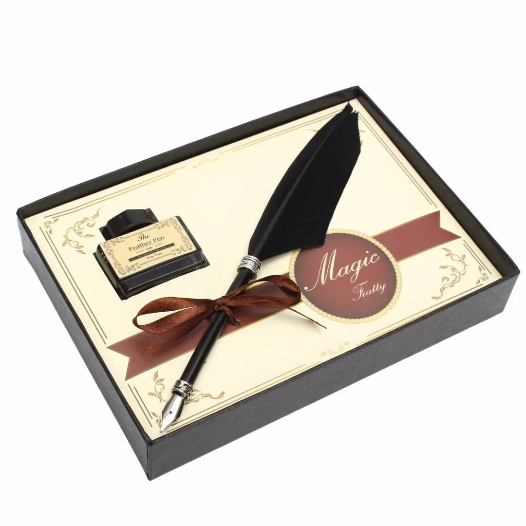 3Colors 2019 Newest Feather Quill Metal Nib Brown Dip Pen Writing Ink Set With Box Gift 21 x 0.5cm