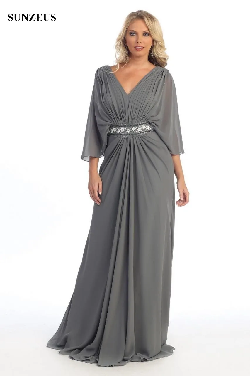 Элегантное серое платье для матери невесты с v-образным вырезом и рукавом три четверти, с цветами, бисерное украшение для талии, женские вечерние кафтаны CM057