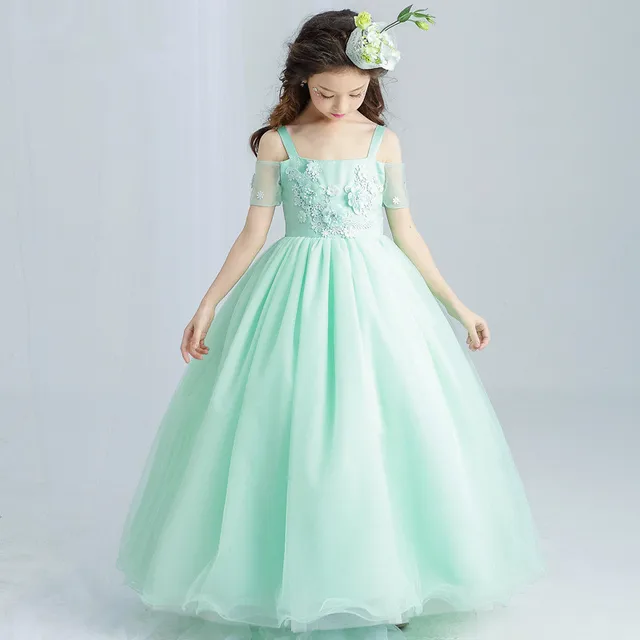 Party Fancy Long Girls Dress Appliques Green Flower Girl Vestido